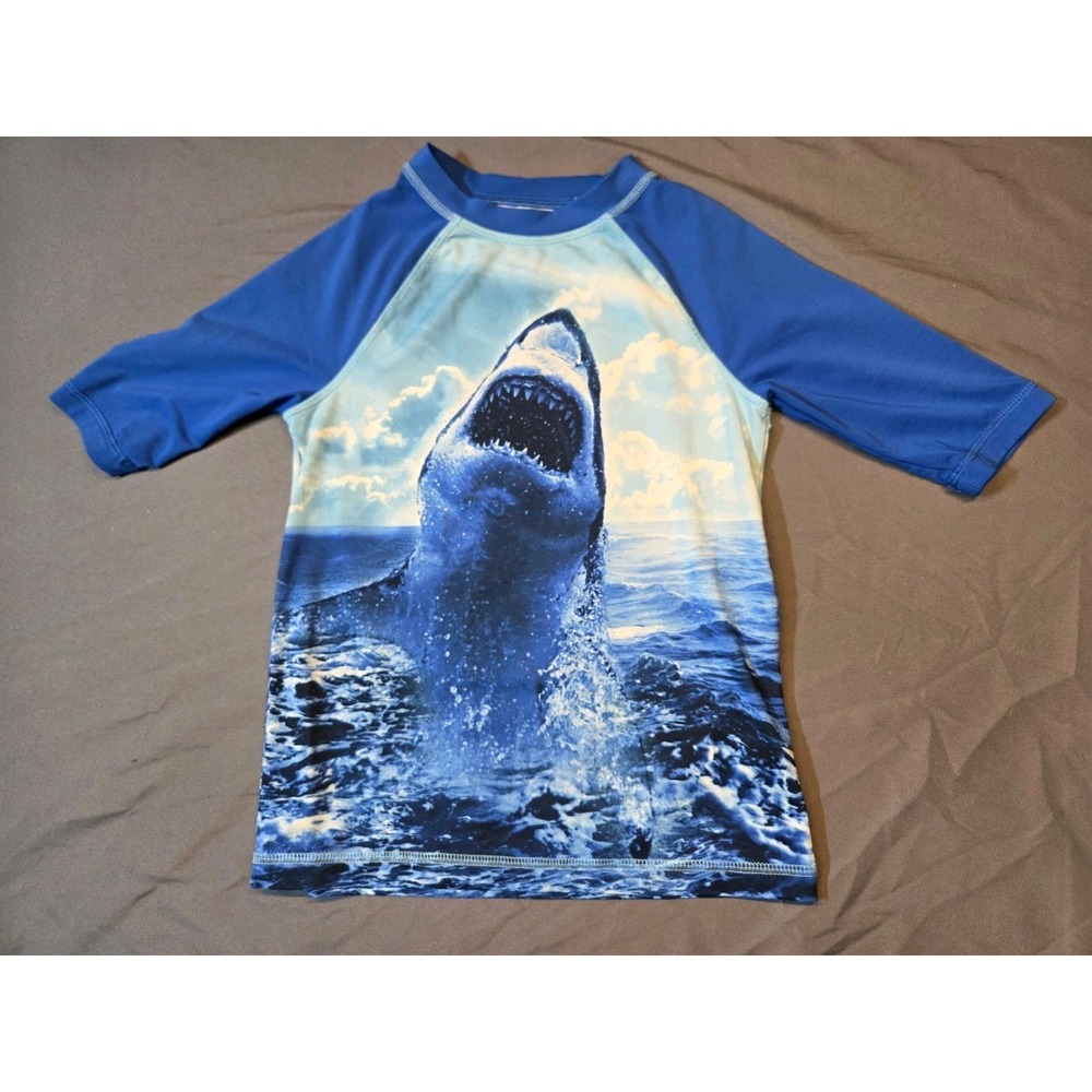600 Boys Small Blue Shark Rash Guard Swim Shirt Long Sleeve UPF Swimwear